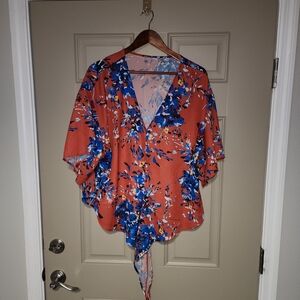 Amazon Floral V-Neck Blouse - Orange and Blue